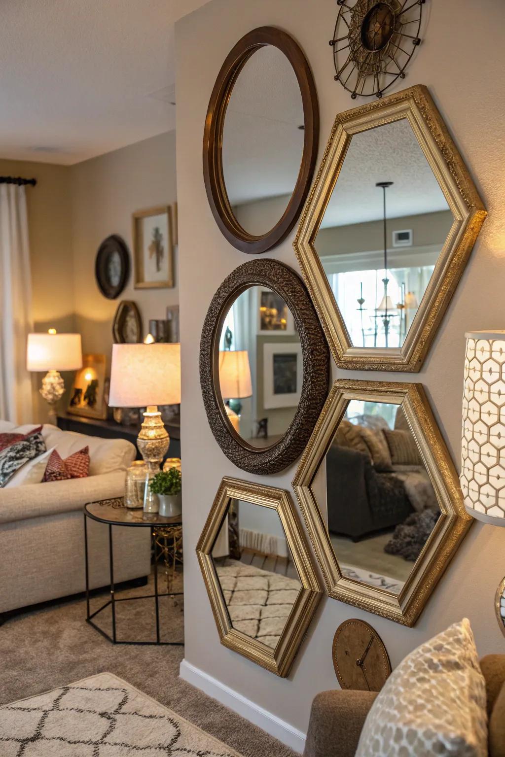 Layered mirrors create a rich and dynamic visual effect.