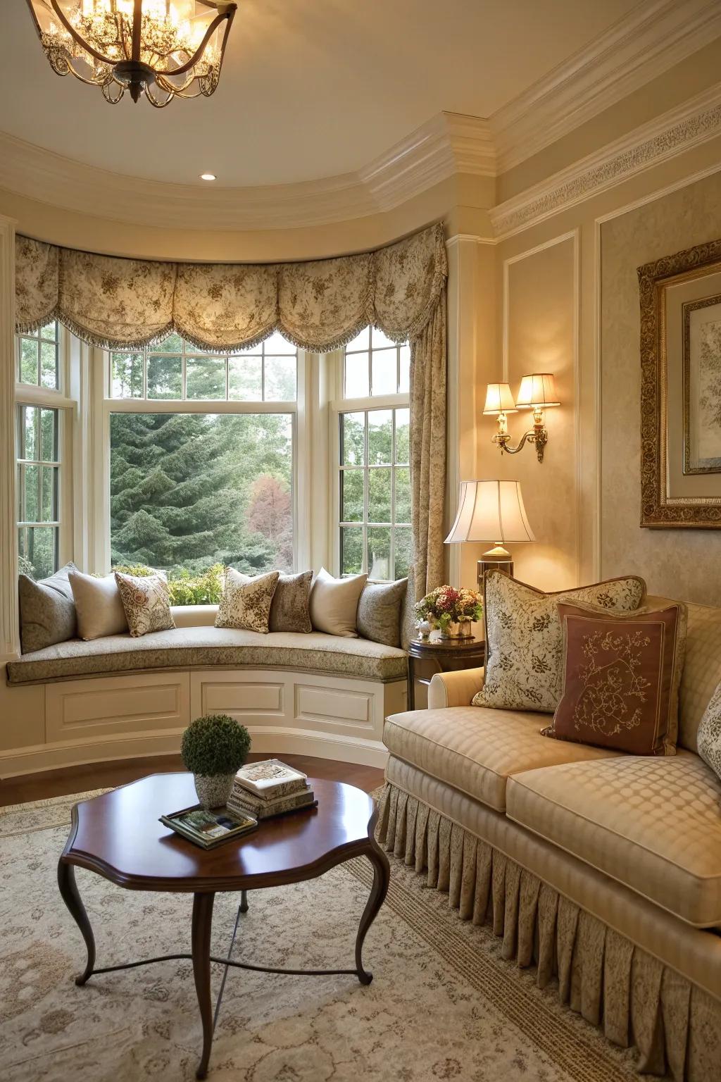 A snug corner fashioned by a bow window in a stylish lounge.