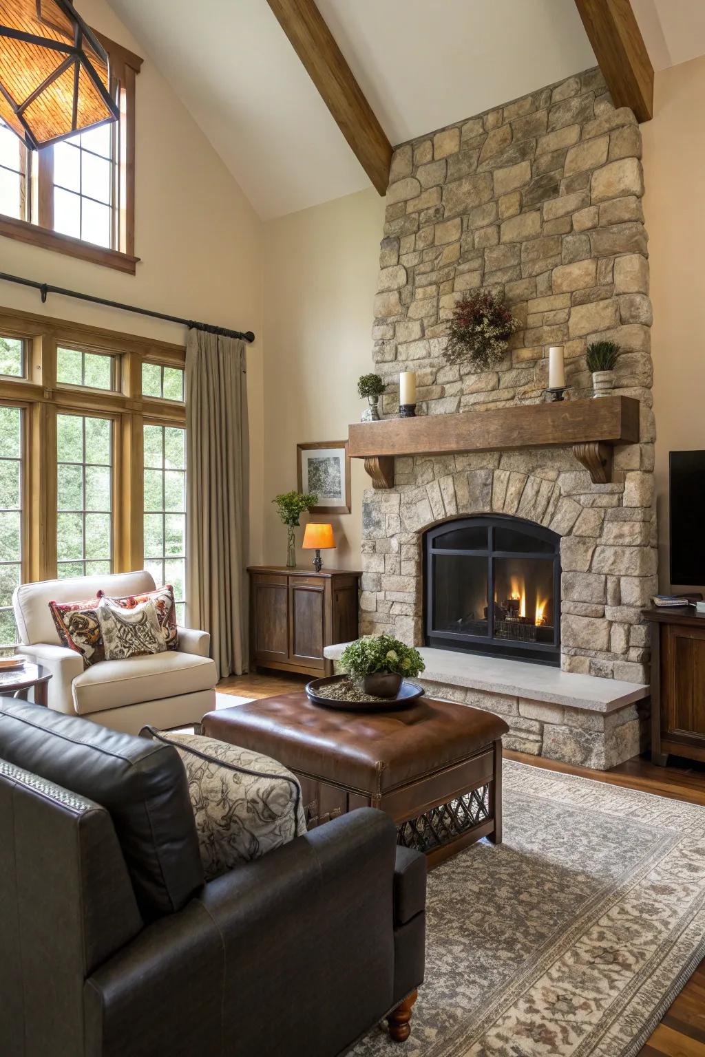 A living room displaying a mix of modern furnishings and a traditional stone fireplace.