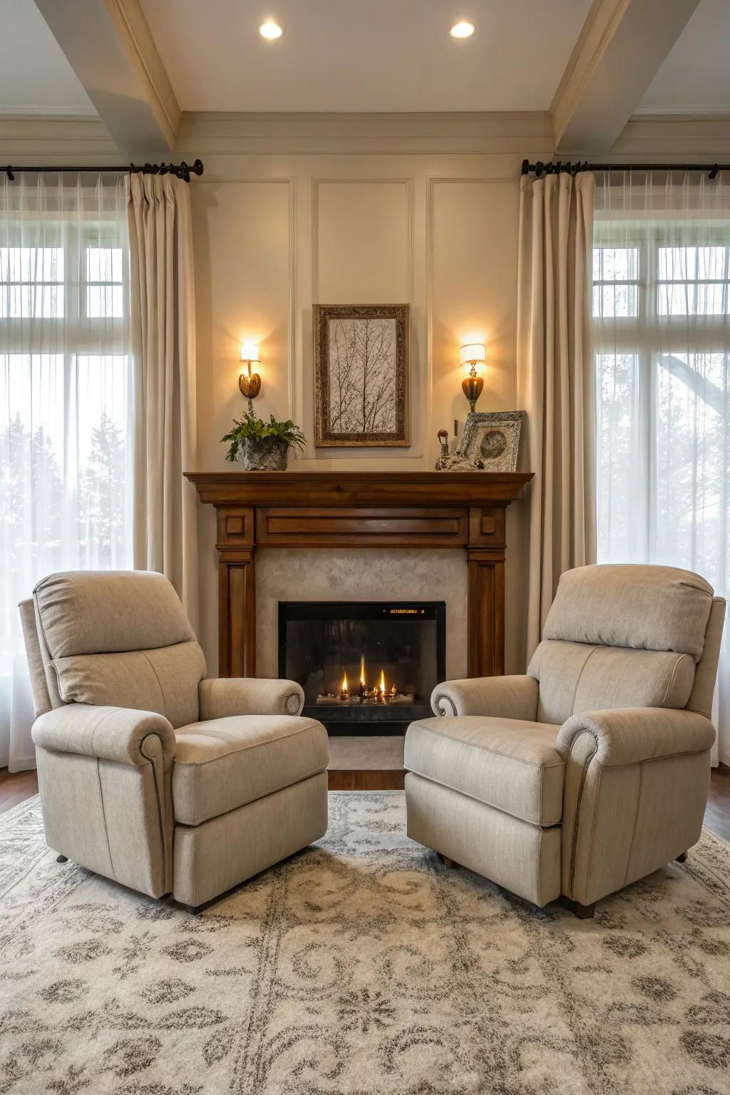 A balanced living area design featuring twin recliners arranged around the fireplace.