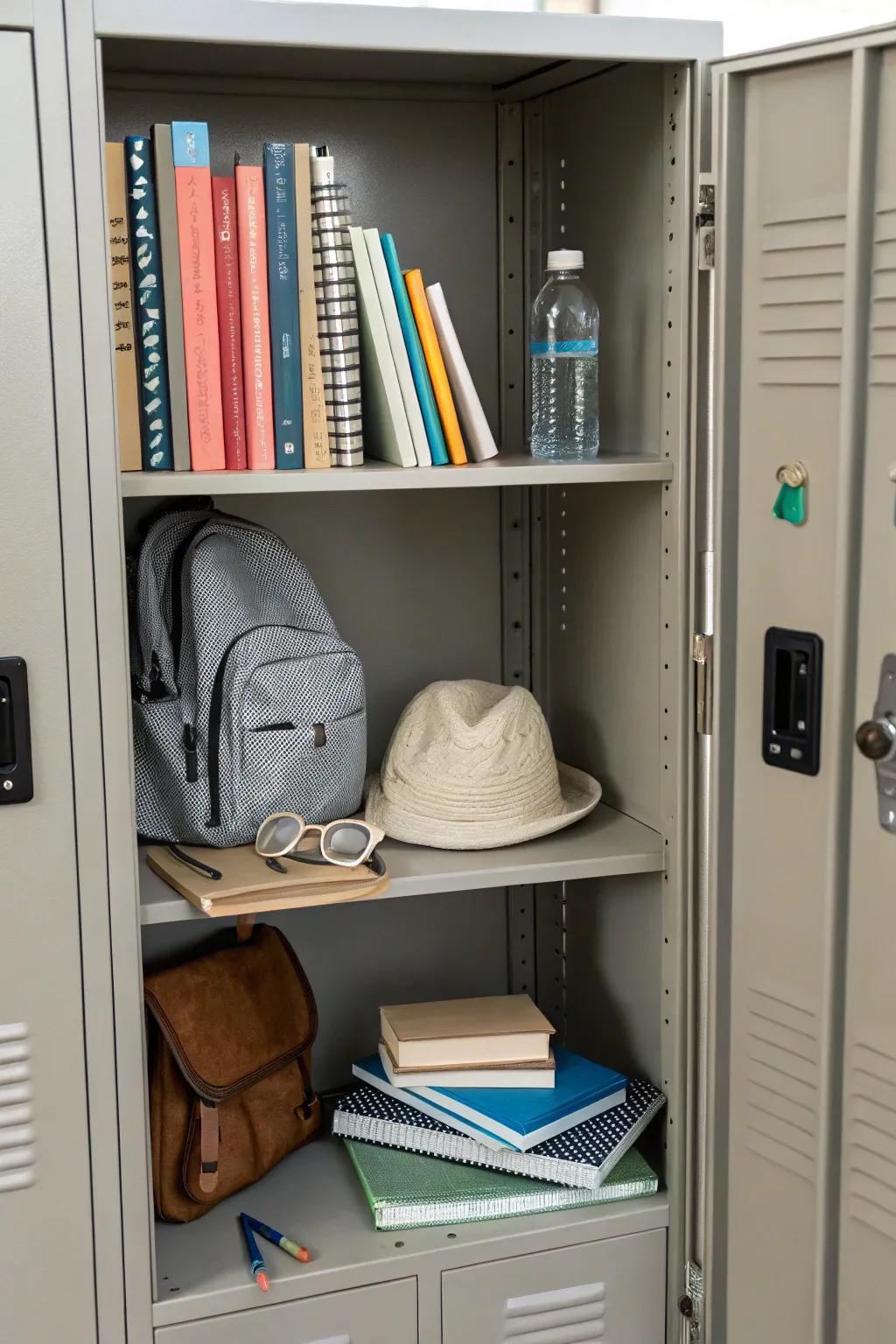 Maintain organized essentials with practical locker shelves.