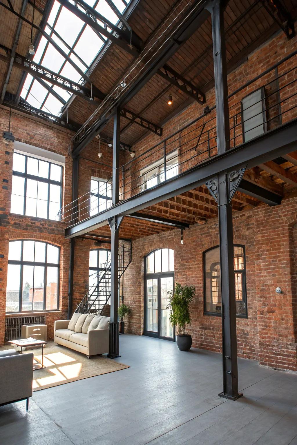 Industrial charm with exposed brick and metal beams.