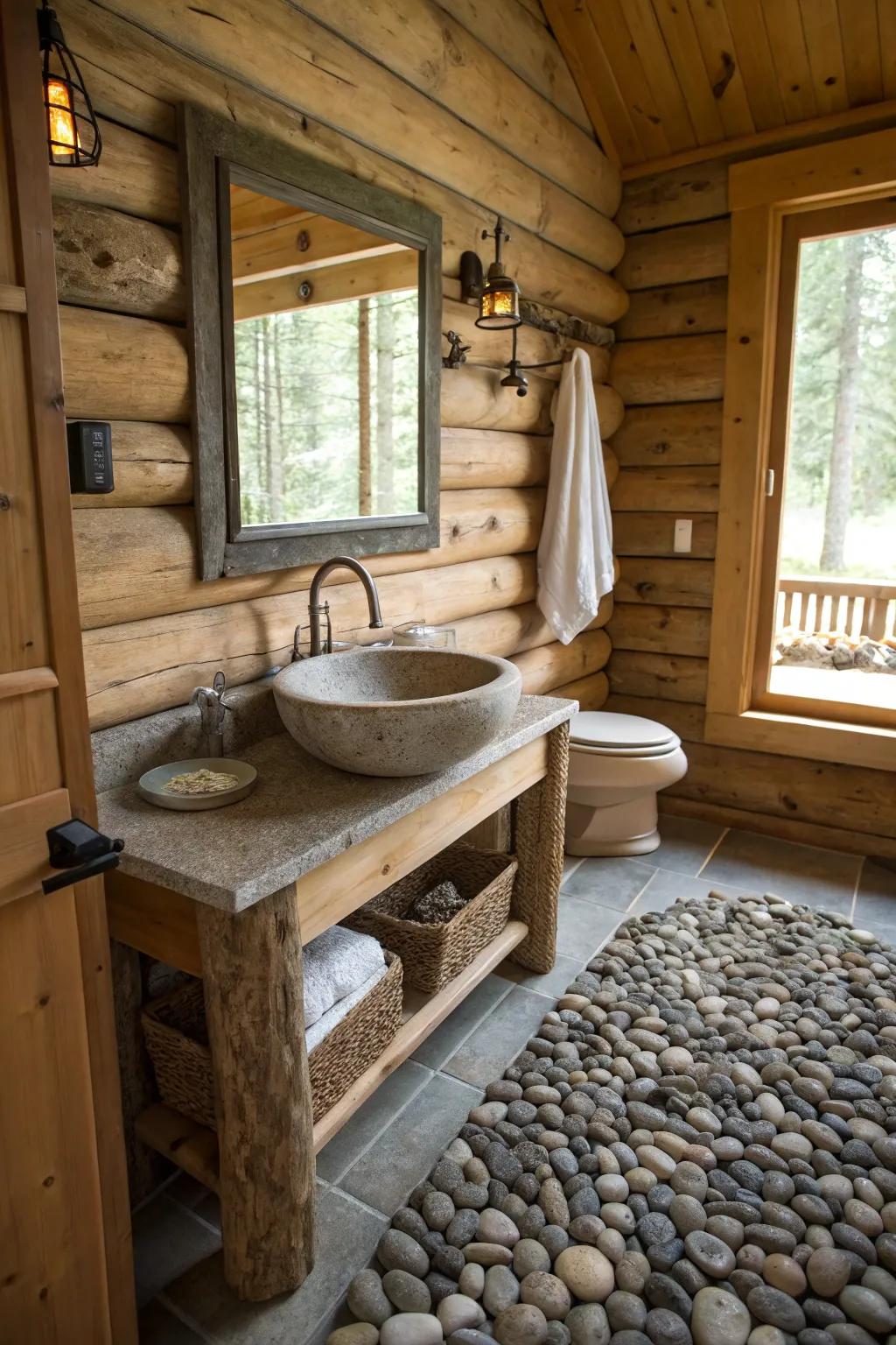 A log cabin bathroom featuring a stone basin and cobblestone shower floor.