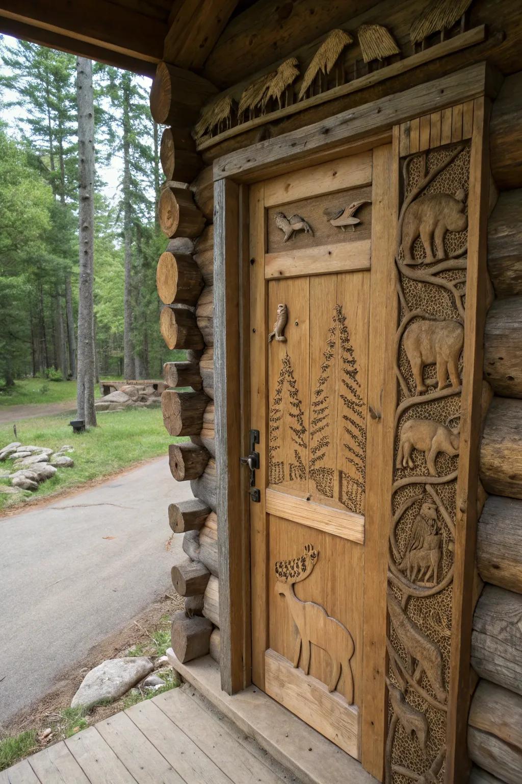 A cabin door showcasing detailed sculptures of wildlife.