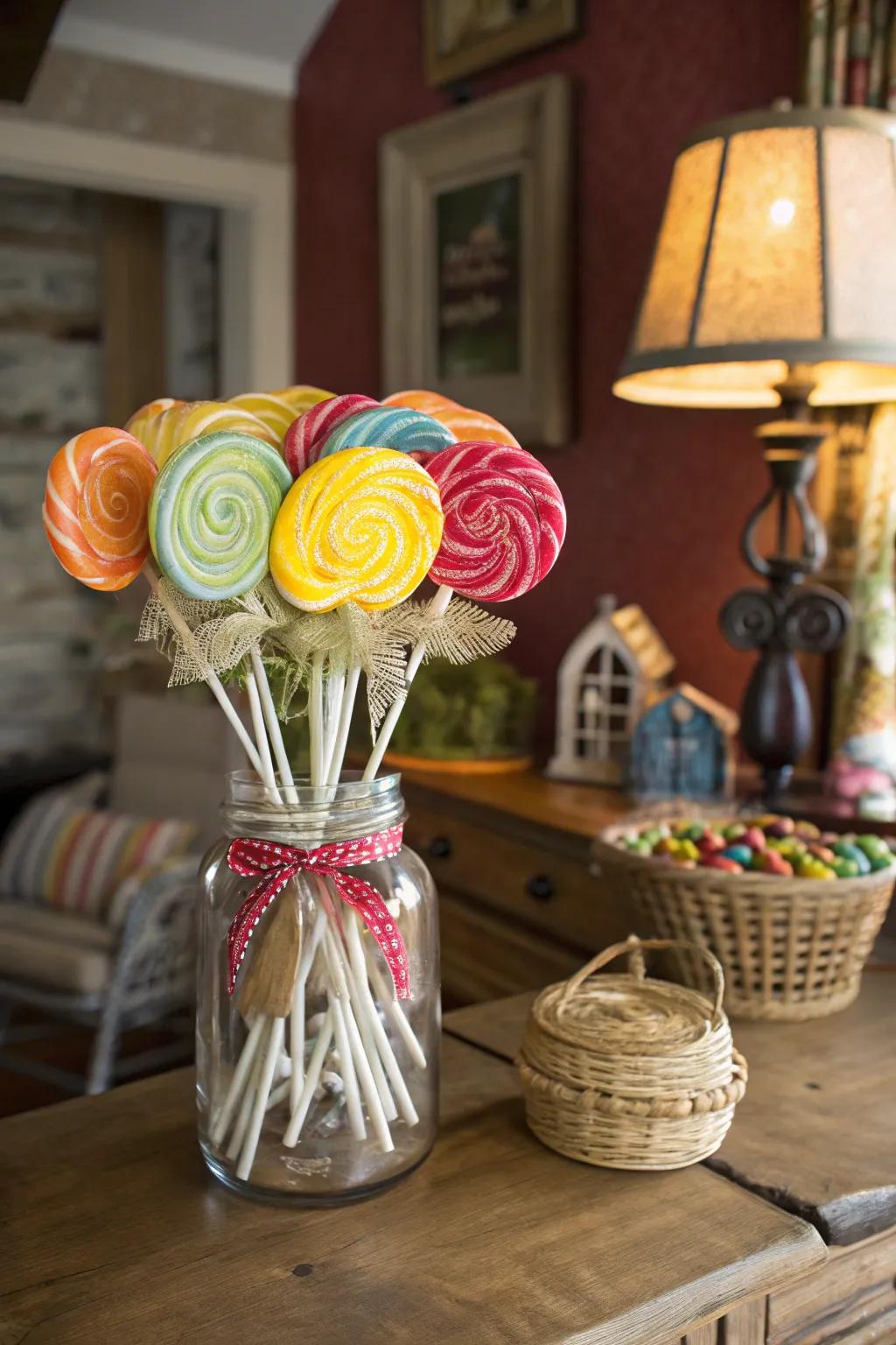 A delightful candy bouquet in a rustic container