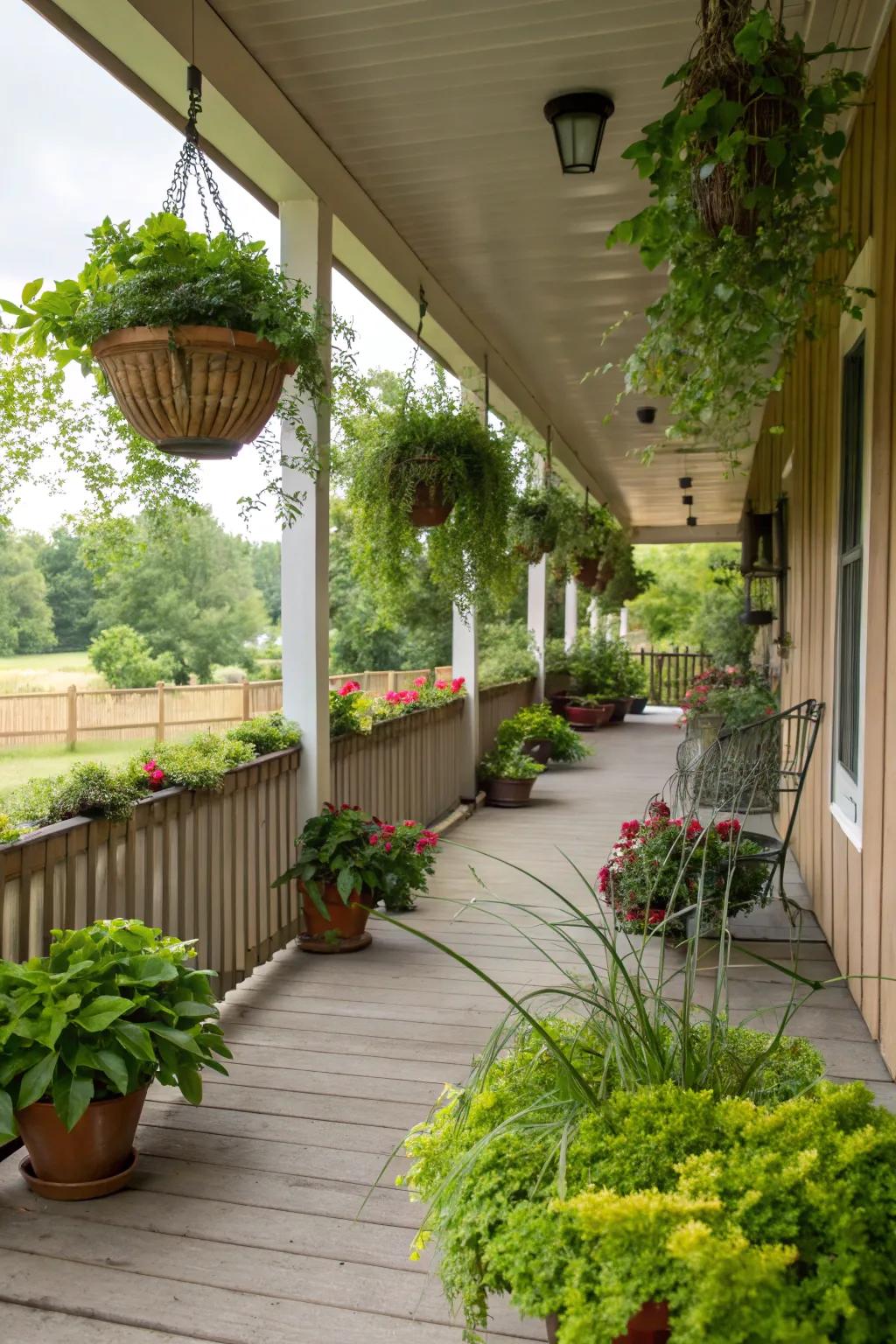 Greenery breathes life into any porch, with a mix of live and artificial plants.