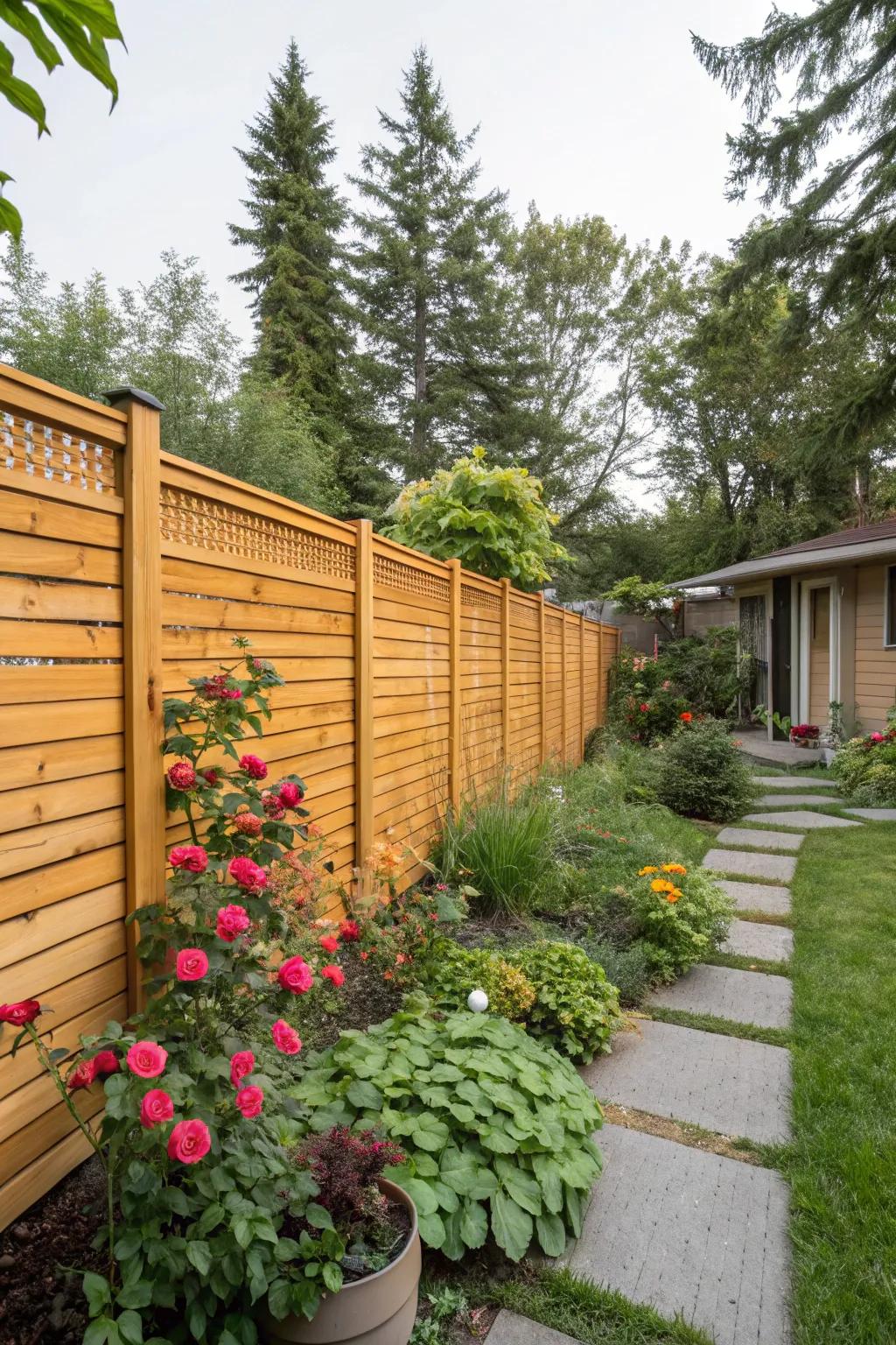 Wood slats provide a lovely and adaptable option for garden fencing.