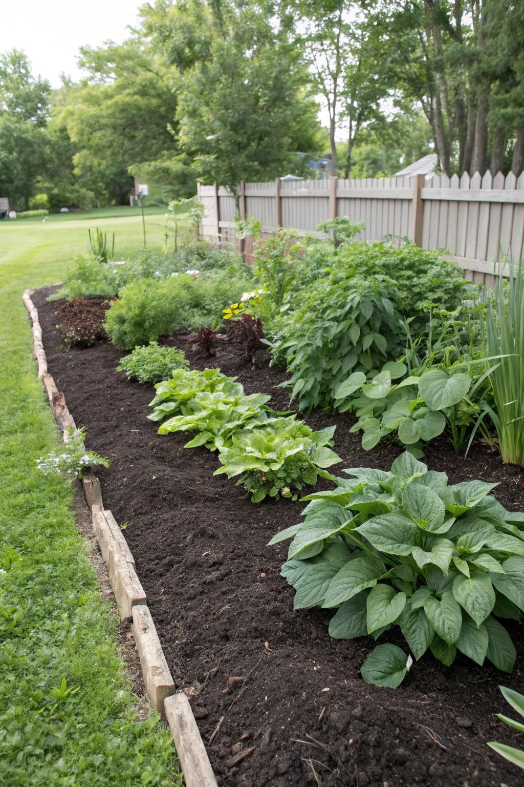 A garden bed covered in mulch that keeps the soil moist and stops weeds.