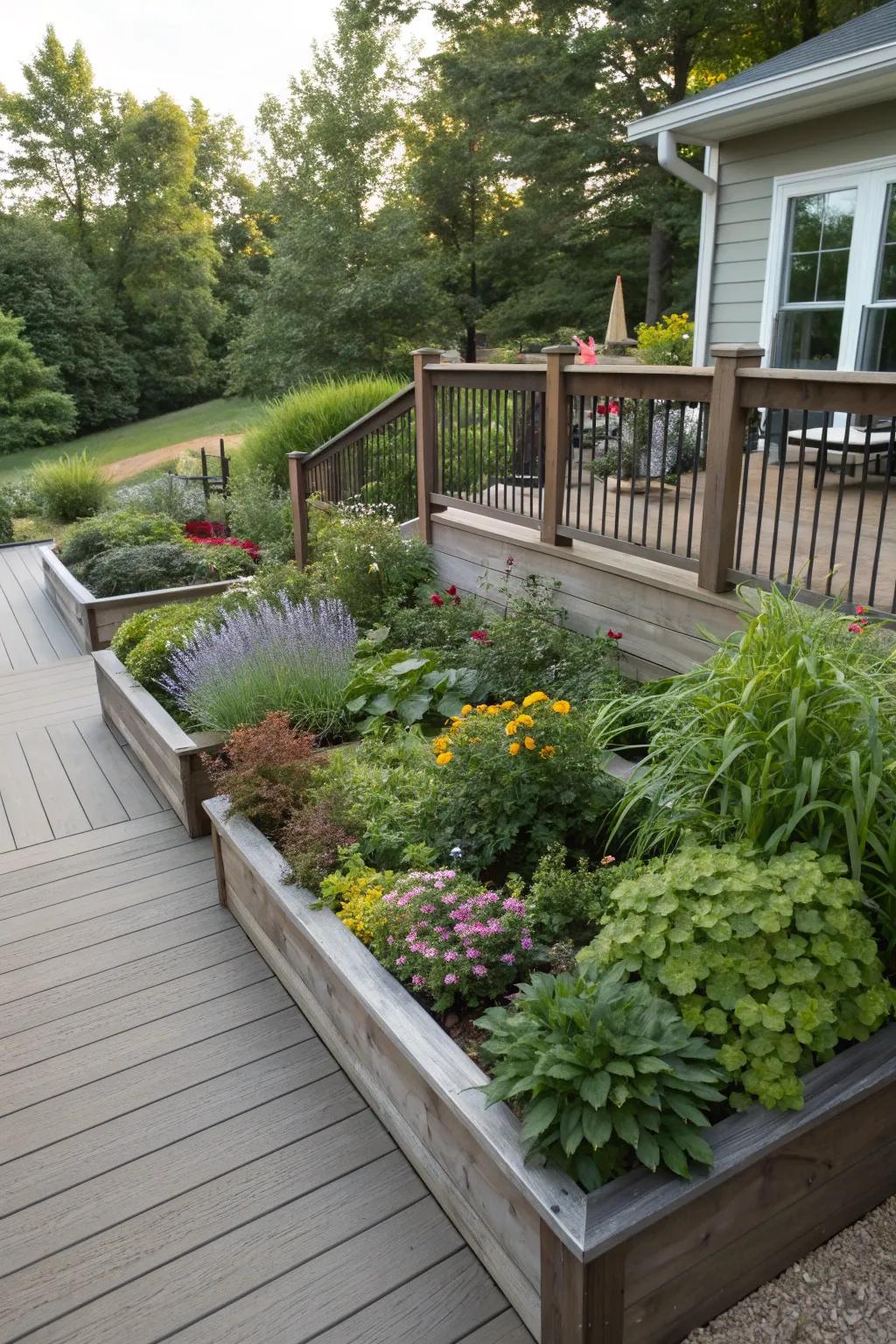 Simple planting beds with perennial plants and bushes around an elevated deck.