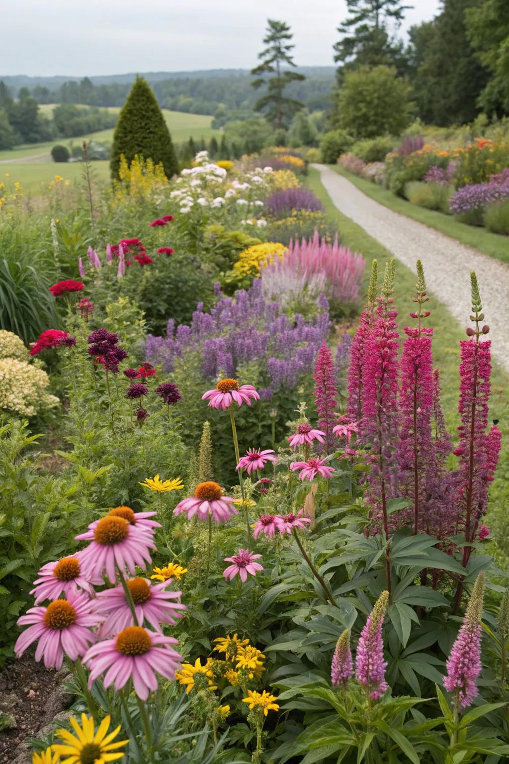 A garden bursting with diverse perennial textures and hues.