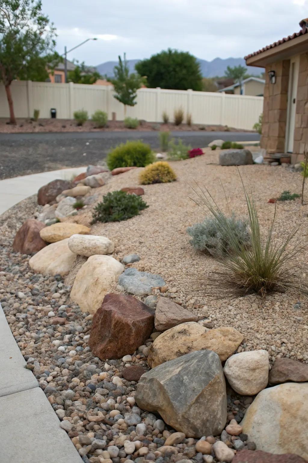Gravel and rocks create a low-maintenance and water-efficient front yard landscape.