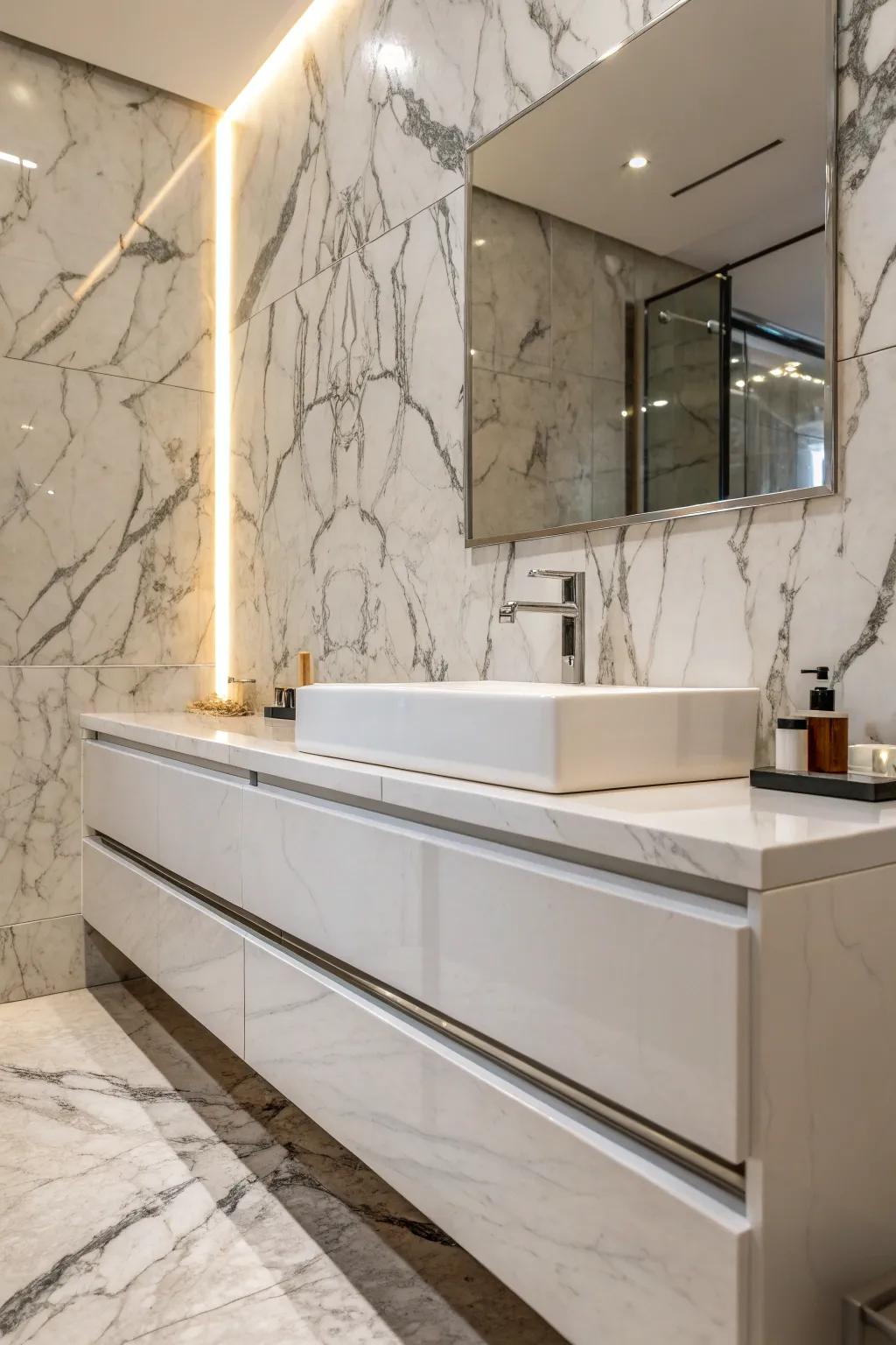 Marble and upscale tiling fashion a timeless and elegant aesthetic.
