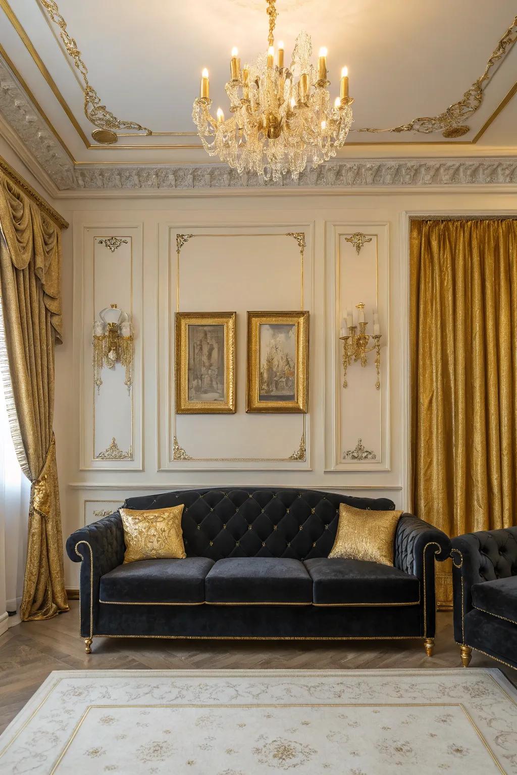 A dark fabric sofa conveying refinement and comfort.