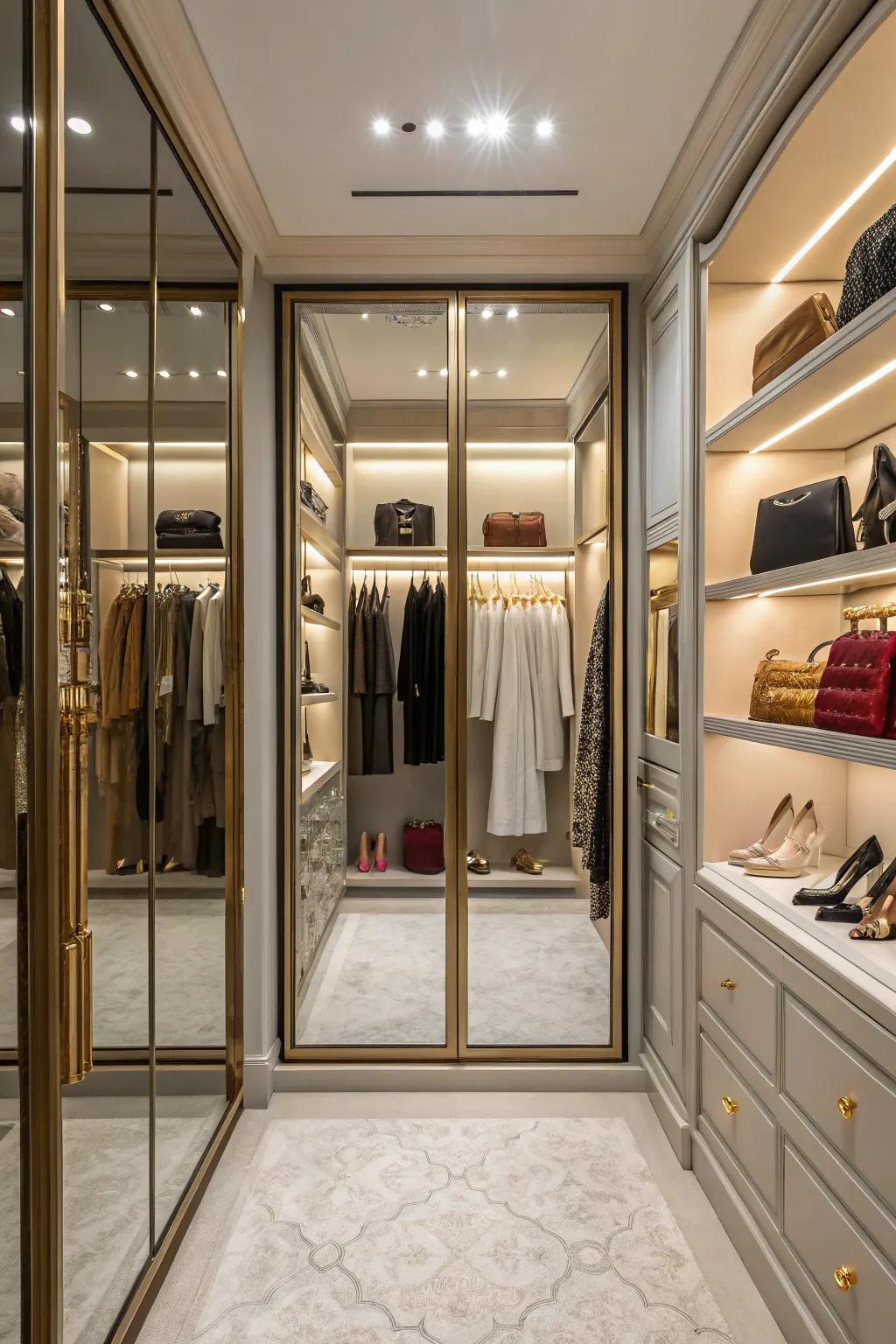 Mirrored doors reflecting a chic display of apparel.