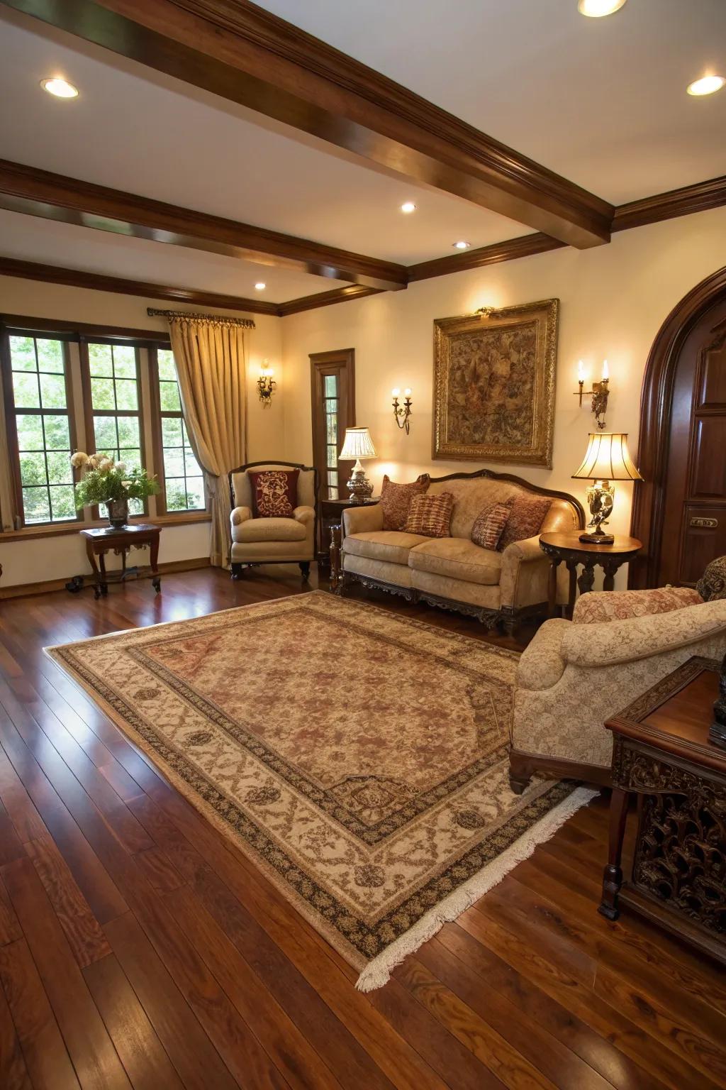 Rich wood flooring enhances any living area with warmth and style.