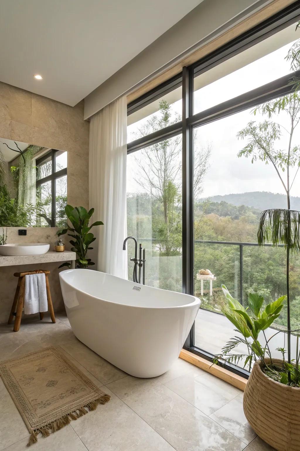 A state-of-the-art bathroom displaying a remarkable detached bathtub.