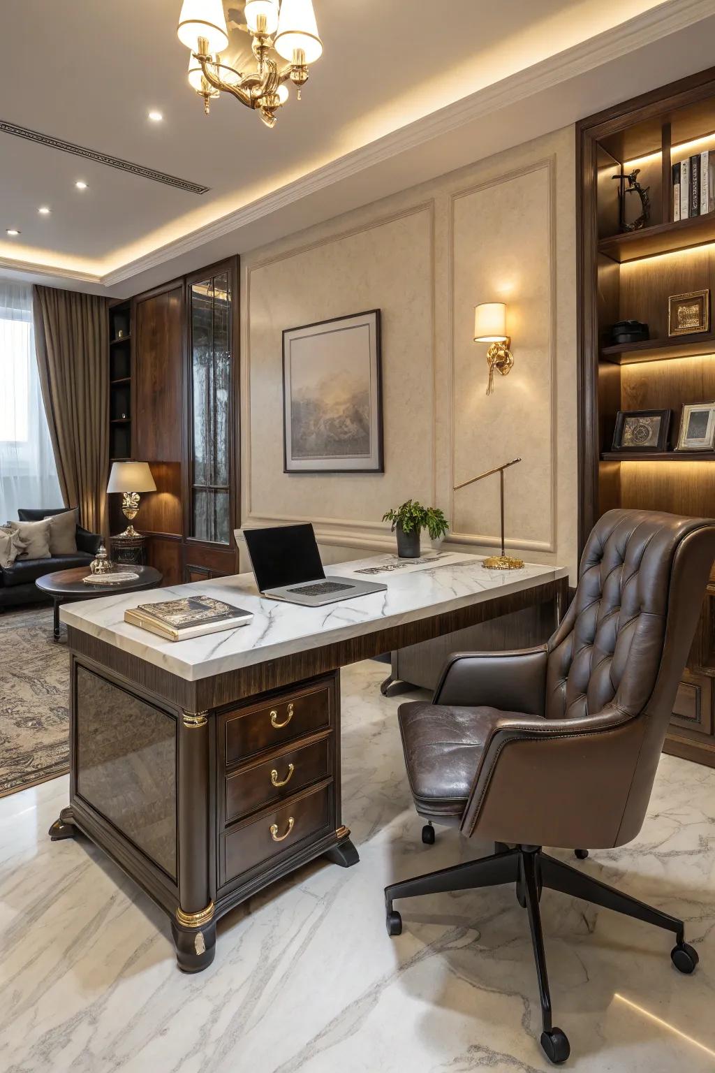 An opulent home office showcasing components made of stone and leather.