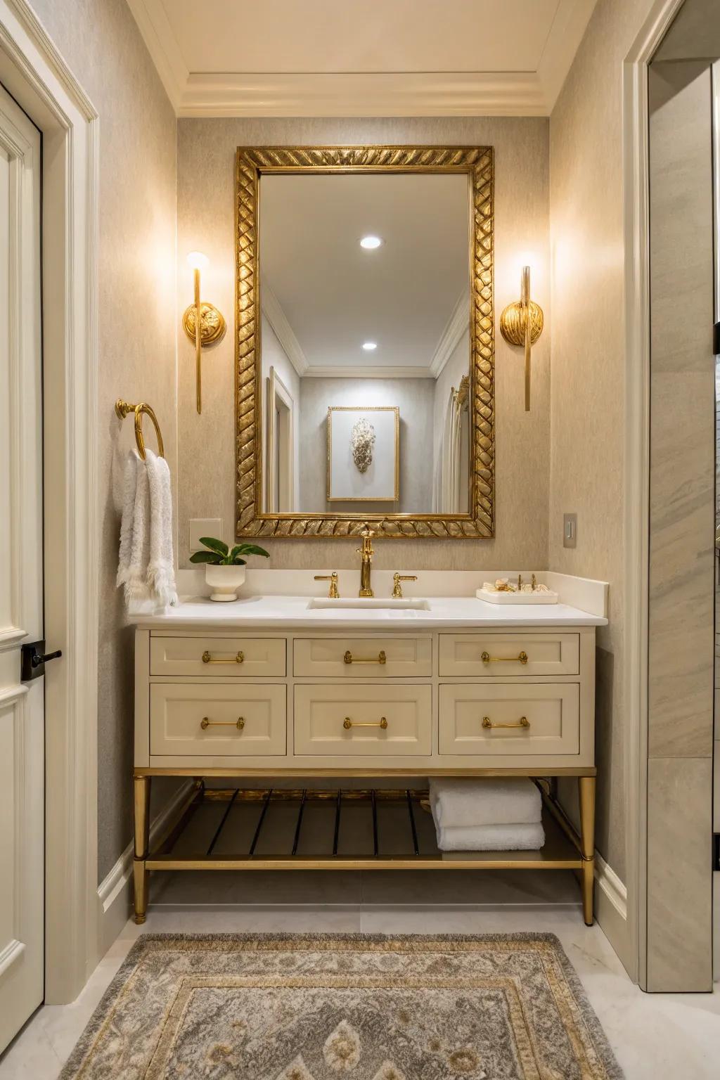 Gold accents elevate the luxury in this modern powder room.