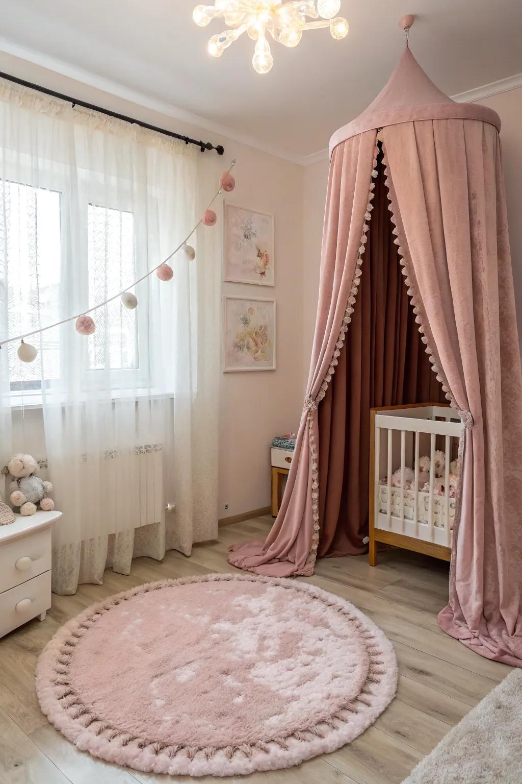 A nursery decorated with velvet drapes and a fluffy rug, adding coziness and luxury.