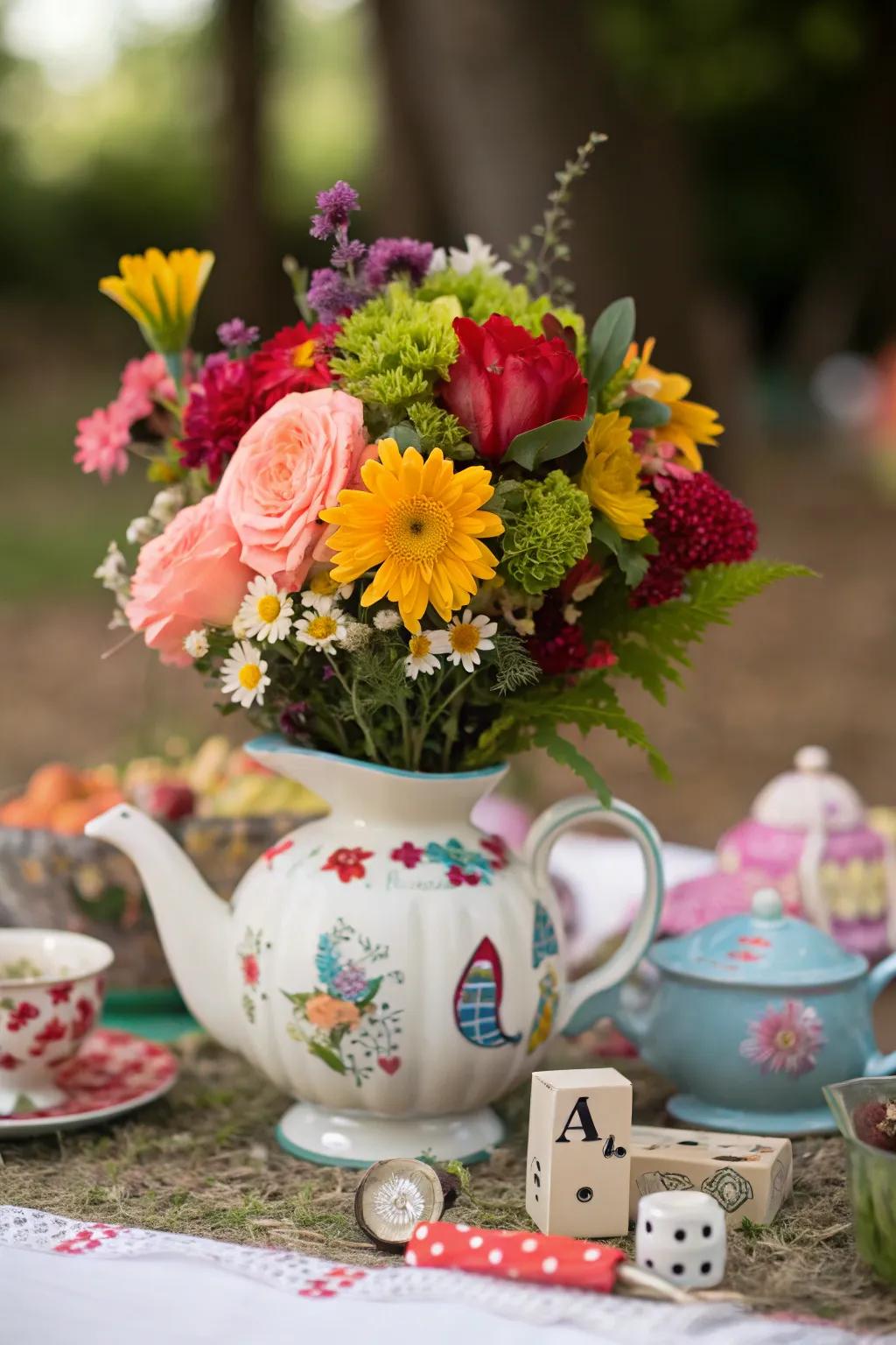 A whimsical teapot centerpiece overflowing with vibrant flowers and playful details.