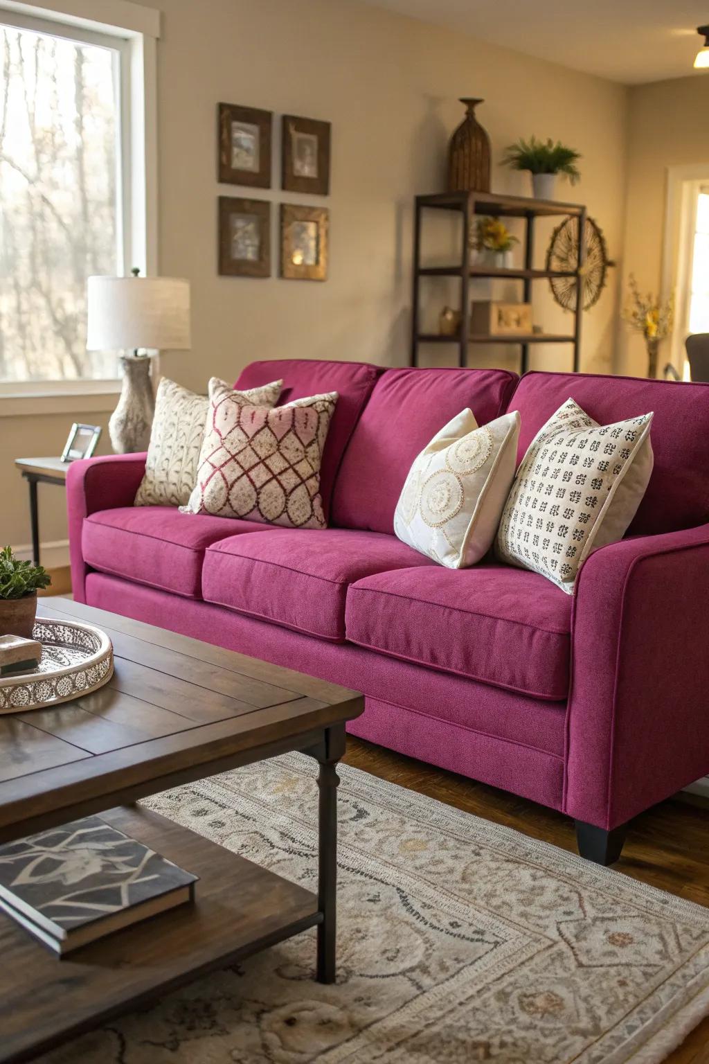 The magenta sofa serves as a vibrant focal point in this elegantly styled living room.