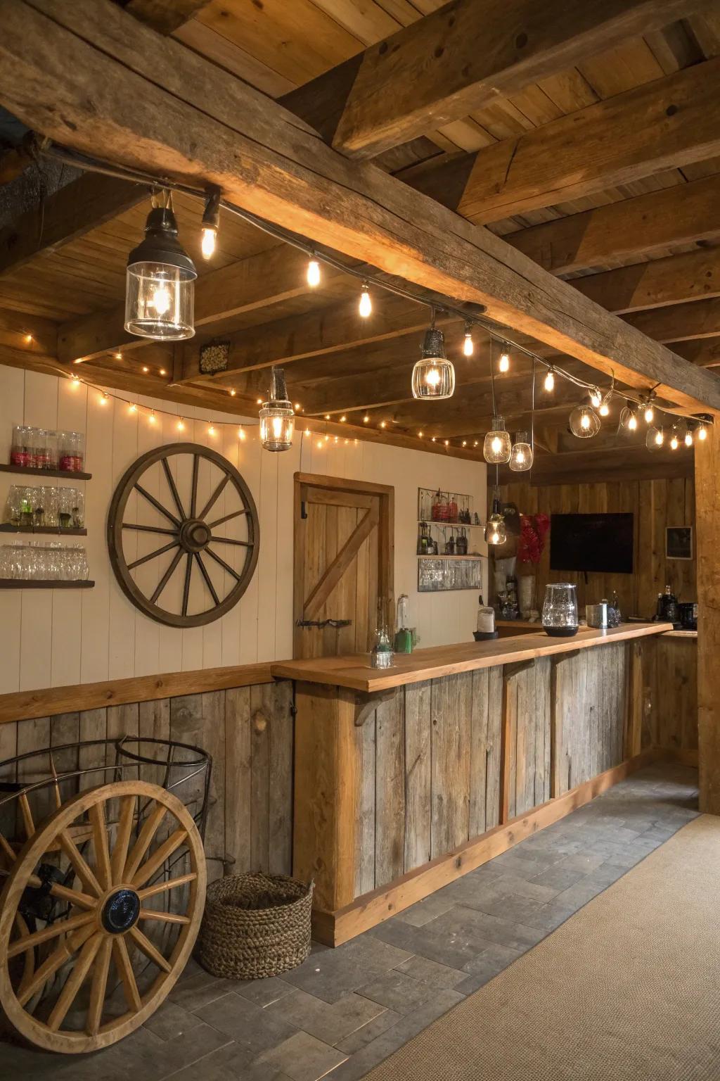 Embrace the warmth of a rustic barn bar in your man cave.