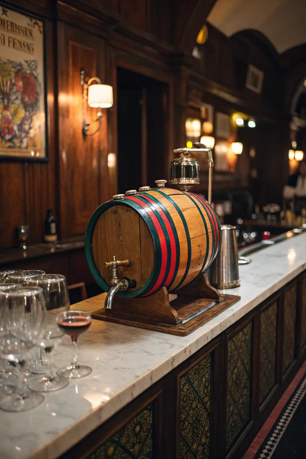 A cask-style dispenser brings a touch of whimsy to serving drinks.