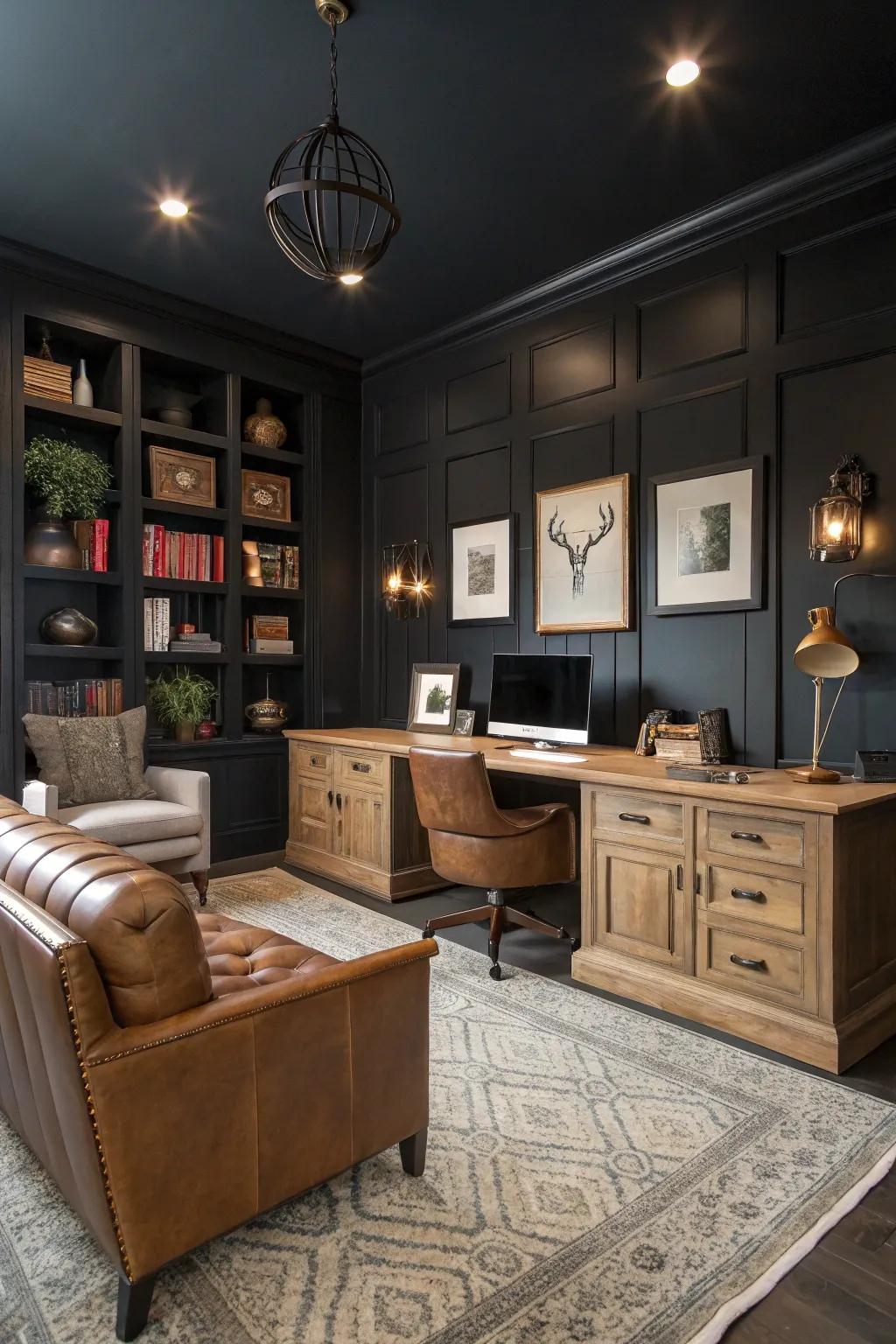 Dark walls create a dramatic and stylish backdrop.