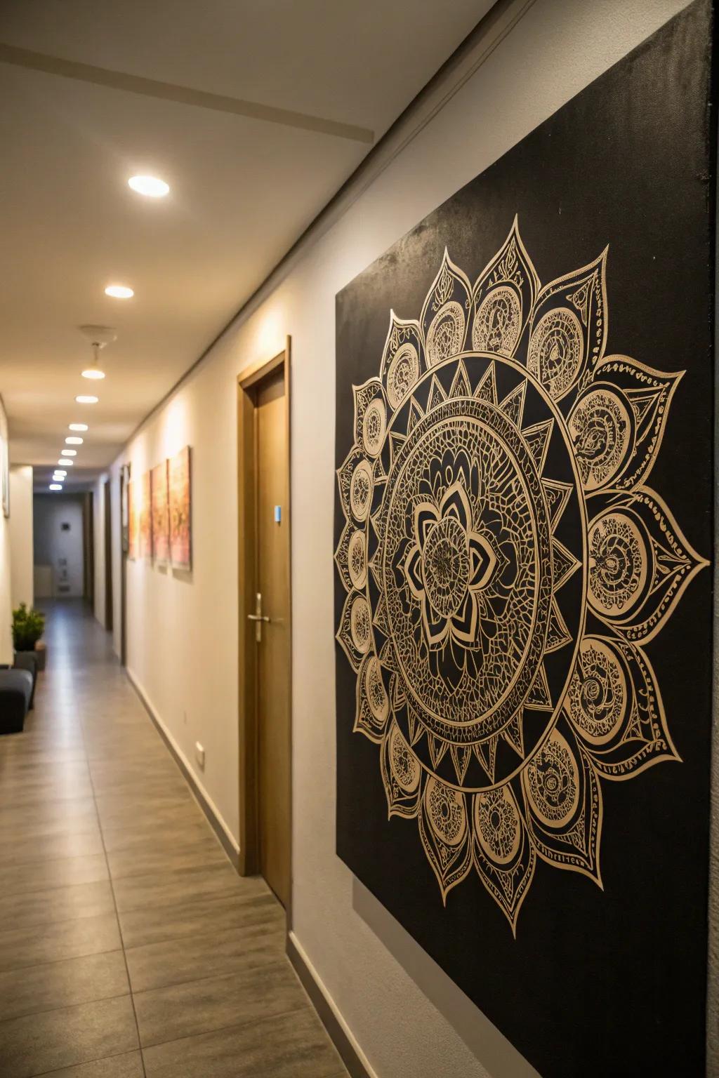 A shimmering sacred geometry layout on night canvas making a striking corridor point of interest.