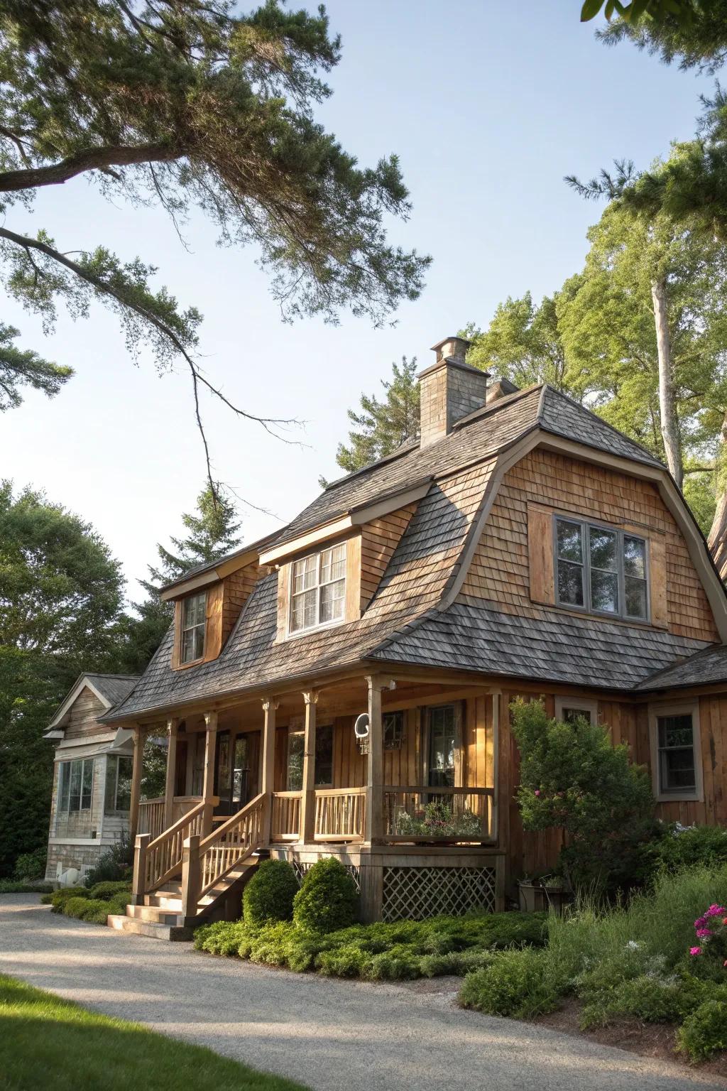 Cedar shake tiles bring a rustic charm to this mansard roof.