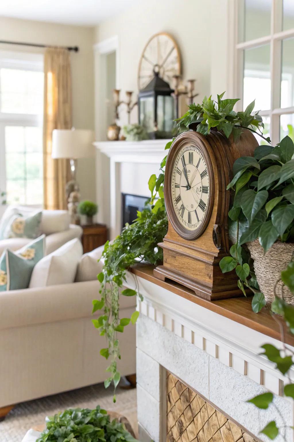 A mantel clock enhanced by rich greenery.