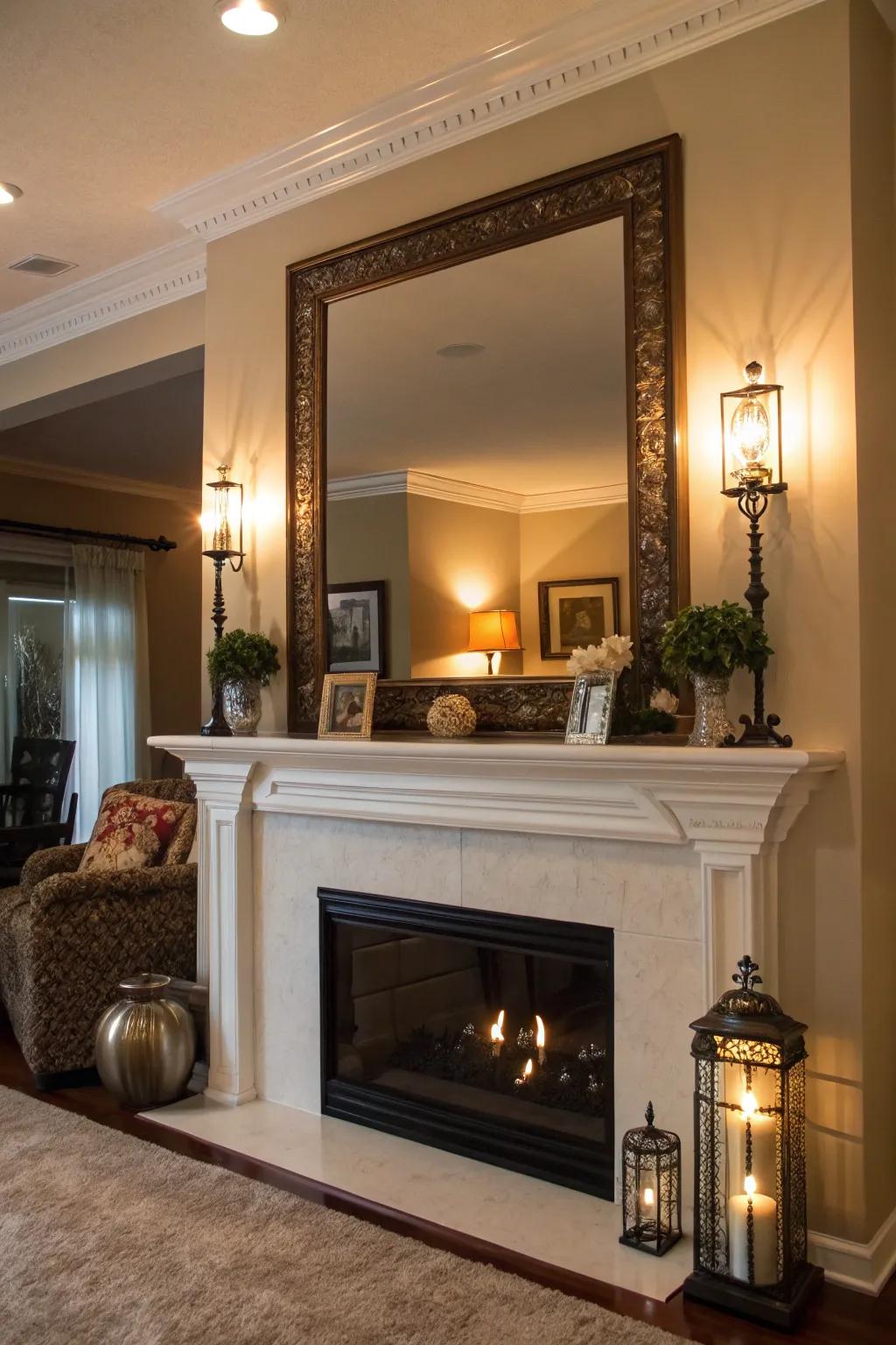 A large mirror enhances the mantel's appeal by amplifying depth and luminosity.