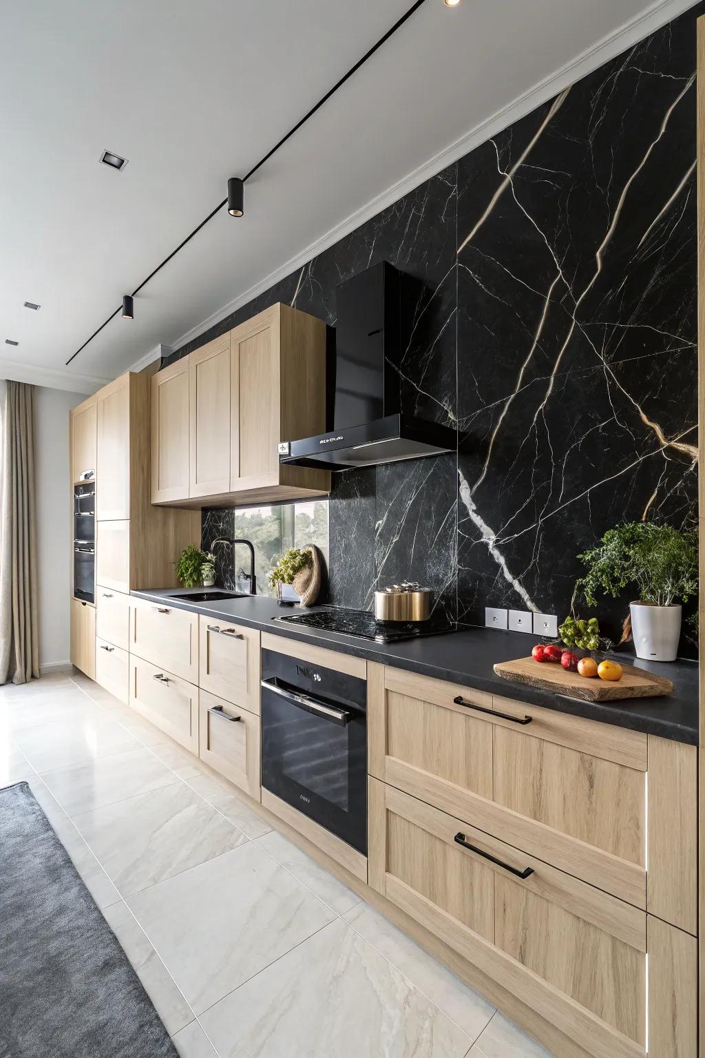 A kitchen that makes a bold statement with a black marble backsplash.