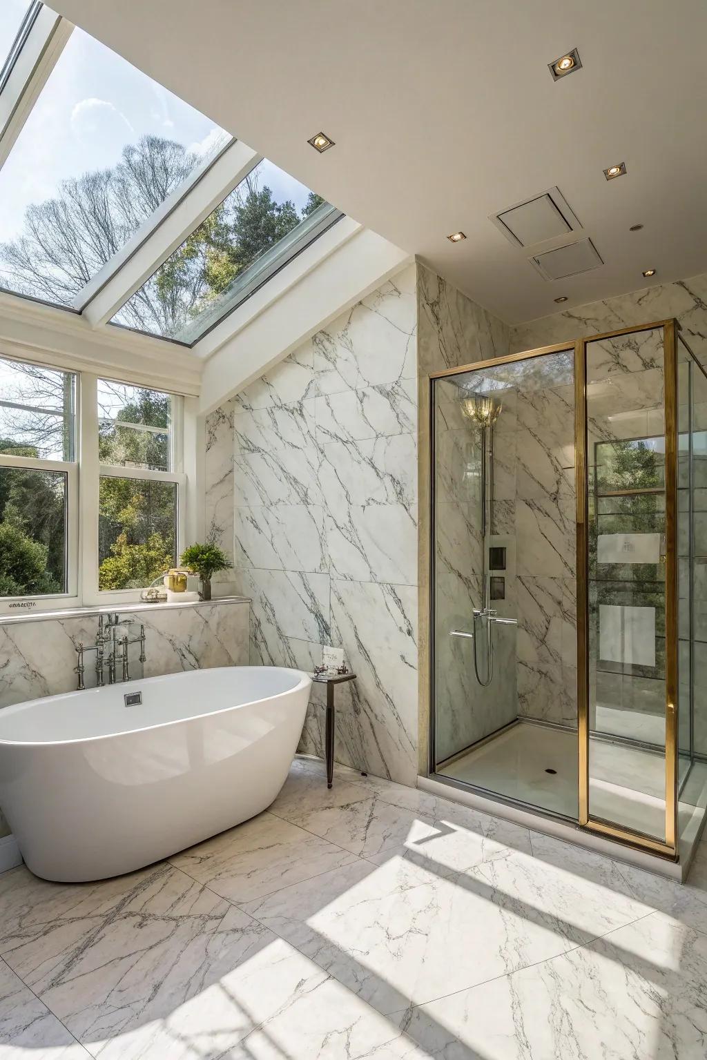 Floor-to-ceiling marble walls offer a smooth and continuous style.