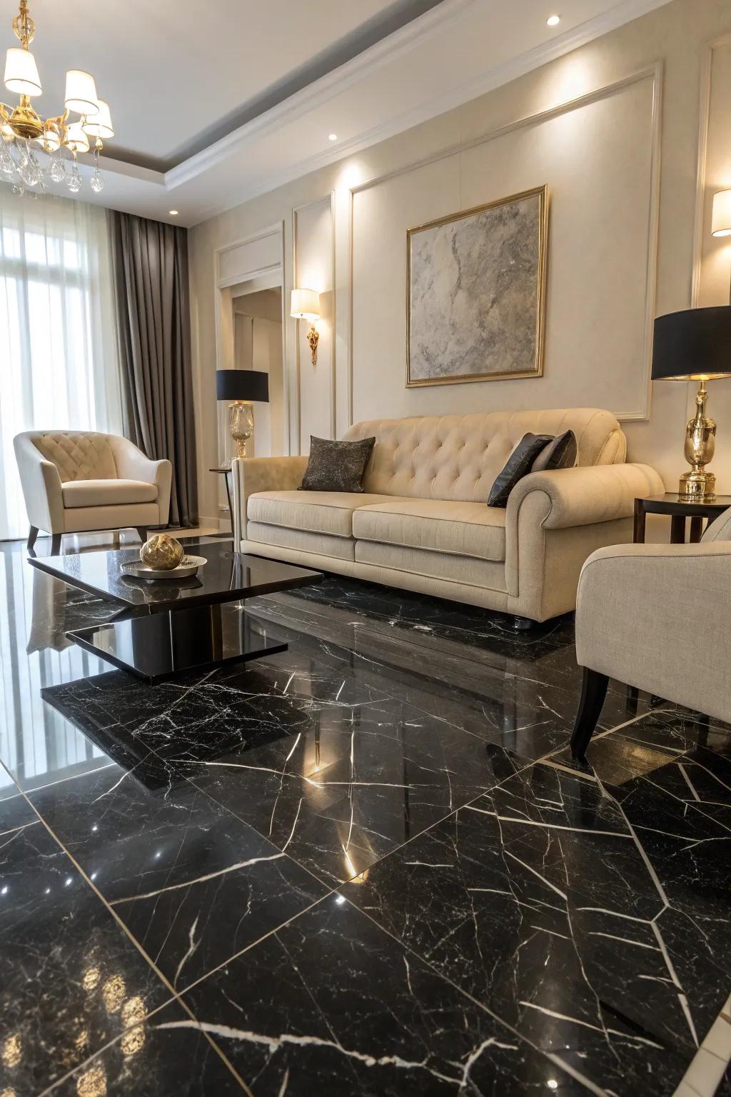 Bold black marble flooring creates a dramatic and elegant living space.