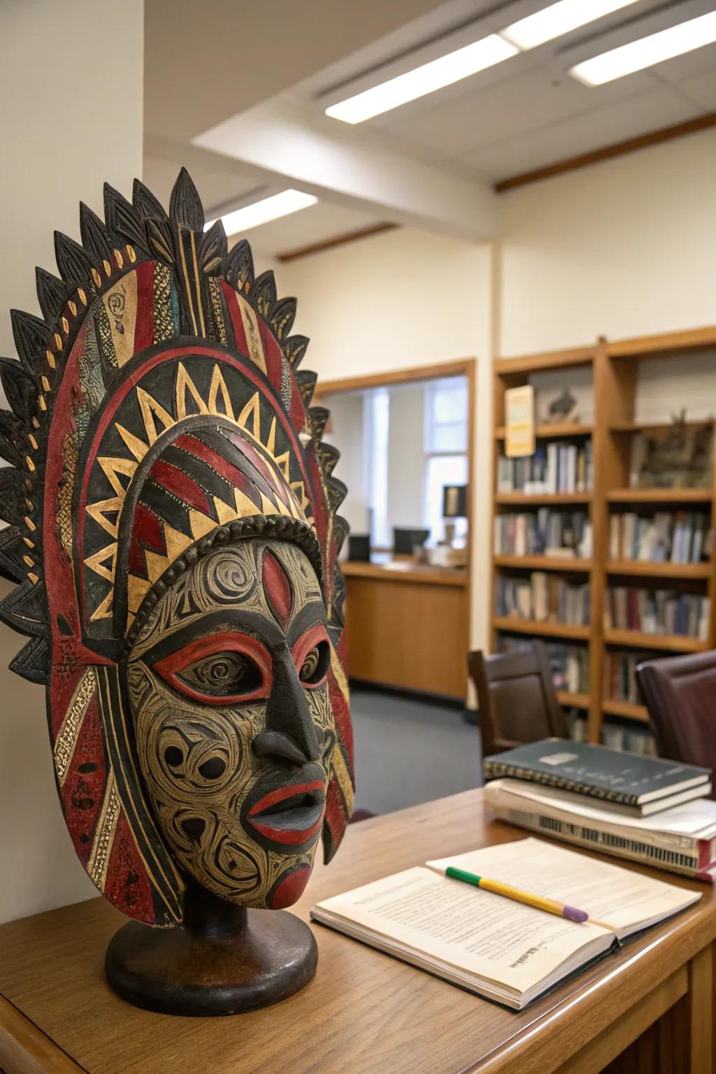 A mask art piece influenced by cultural and historical elements.