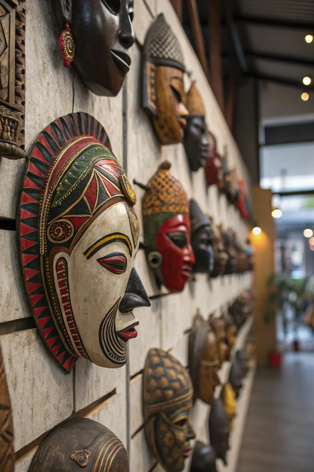 A culturally varied collection of wall adornments narrates a story of worldwide heritage.
