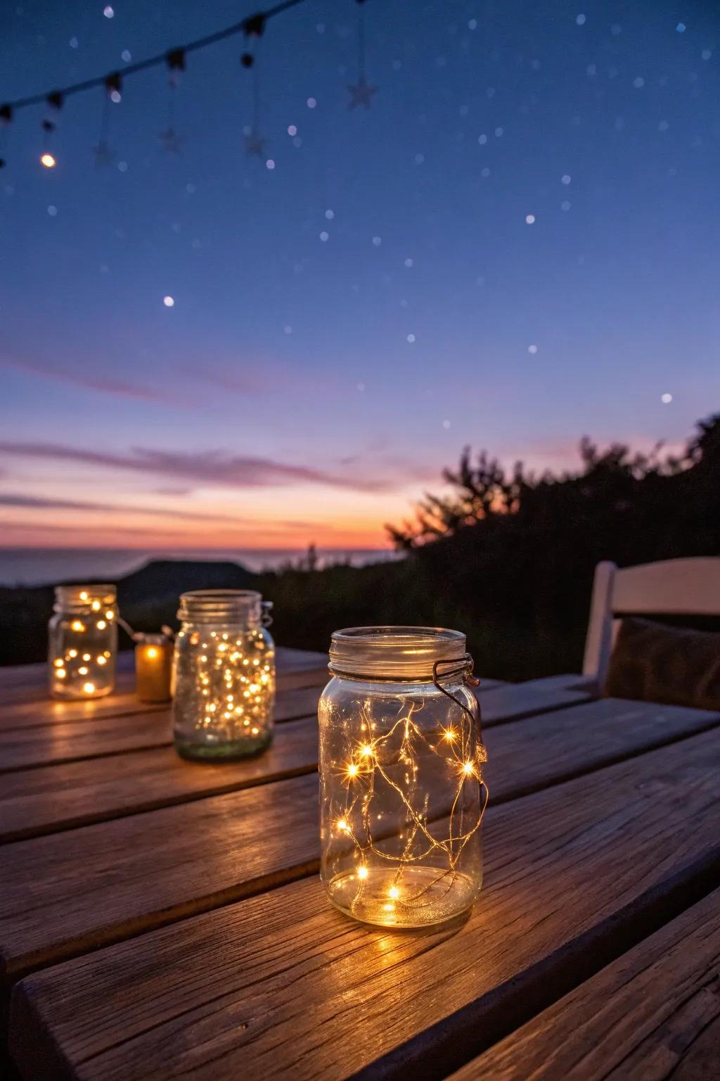 Mason jars with string lights creating a magical evening ambiance.