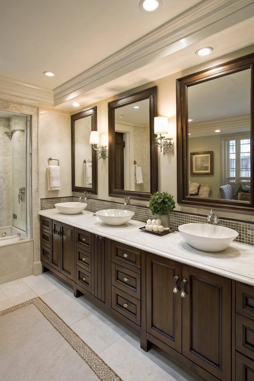 Double vanities offer both convenience and style in this master bathroom.