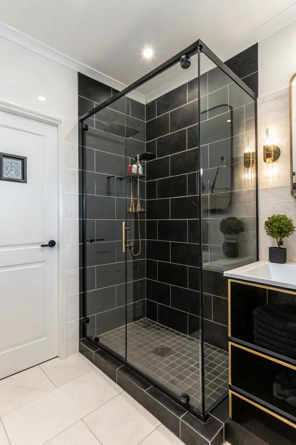 A contemporary shower accentuated with intense charcoal pavers and streamlined hardware, achieving a spectacular impression.