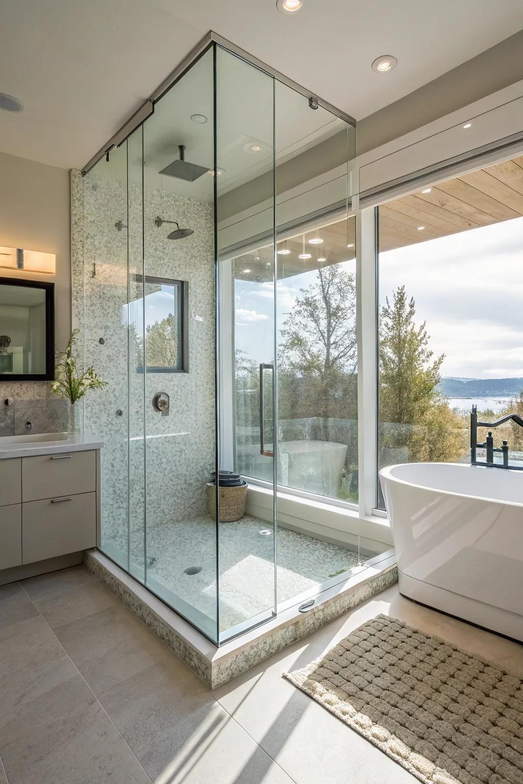 An up-to-date walk-in shower featuring refined glass boundaries.
