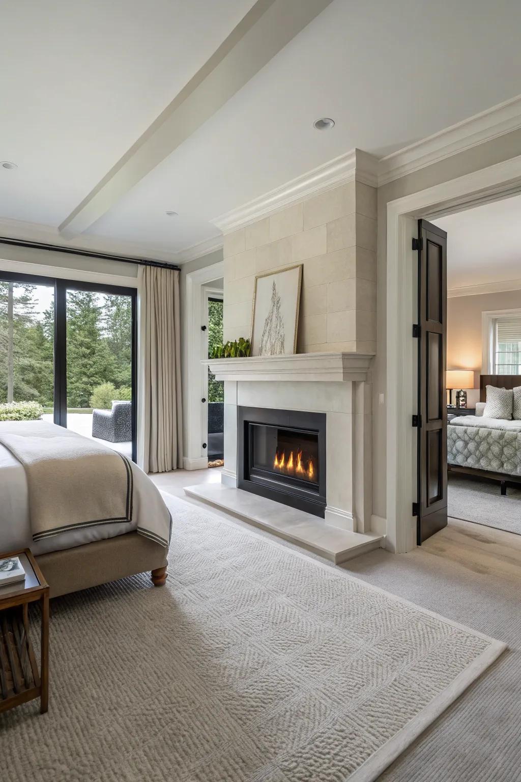 A modern minimalist fireplace brings sleek elegance to your bedroom.