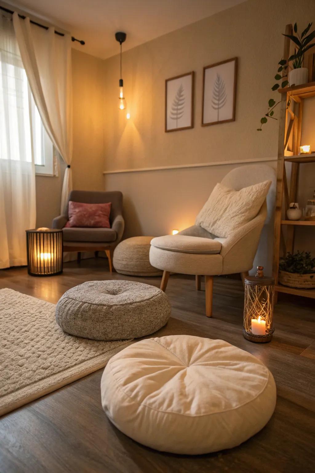 A serene meditation corner featuring soft cushions and a lavish chair.