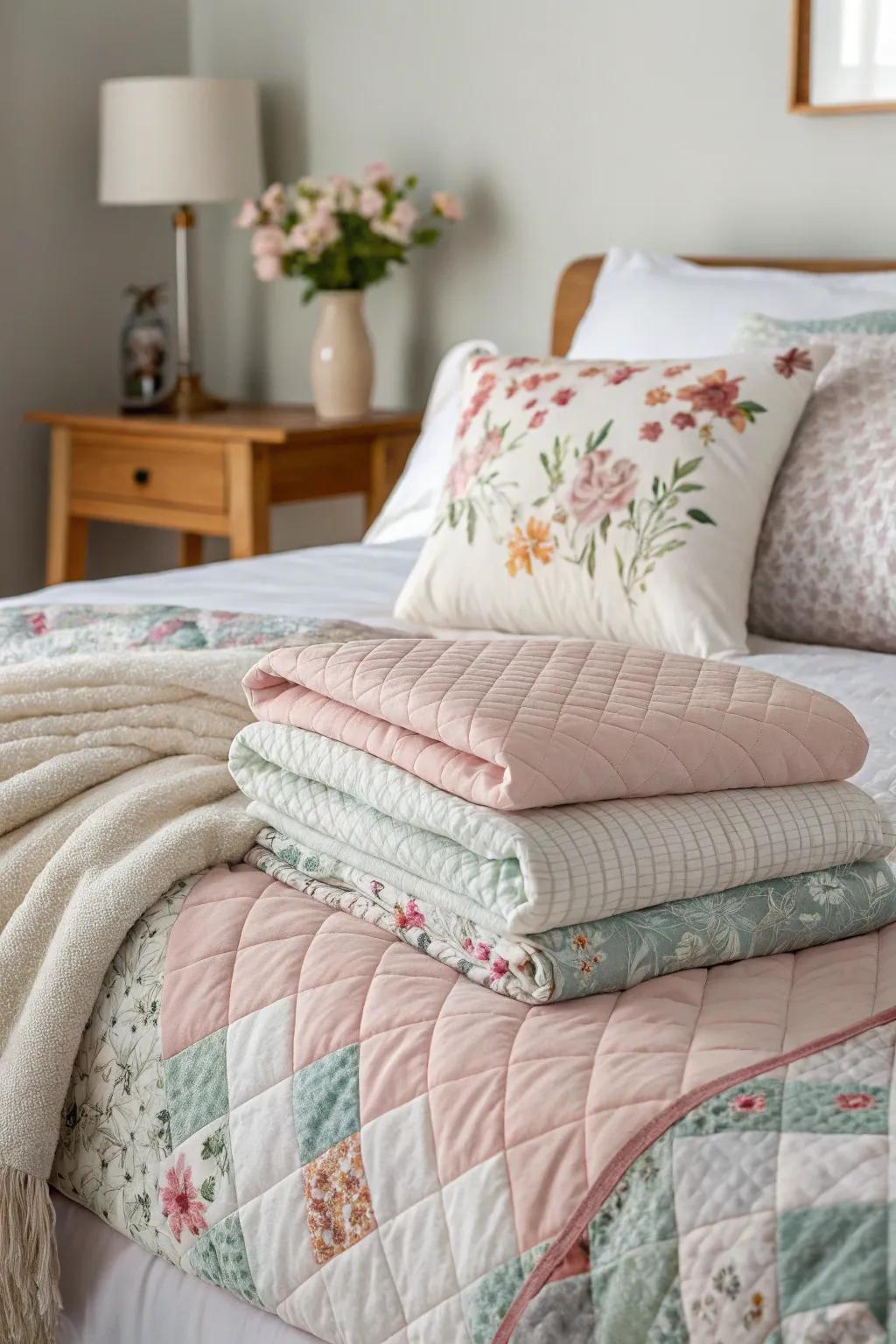 A bed embellished with superimposed stitched blankets and throws for amplified comfort.