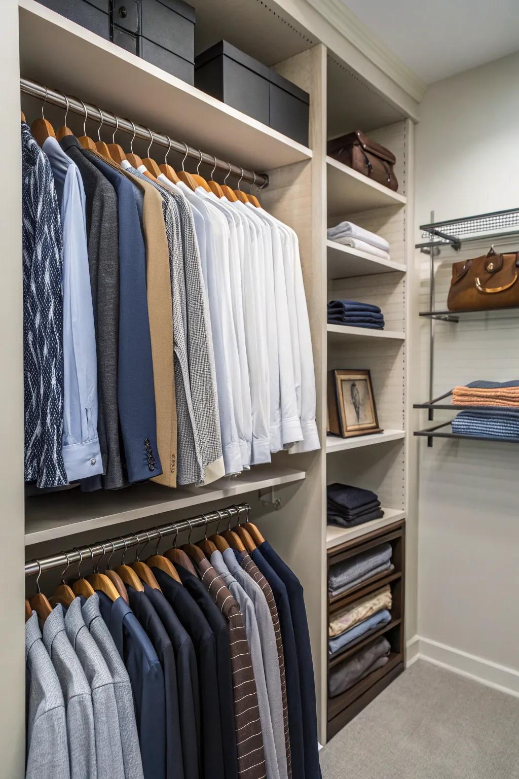 Efficient use of space with double hanging rods for easy organization.