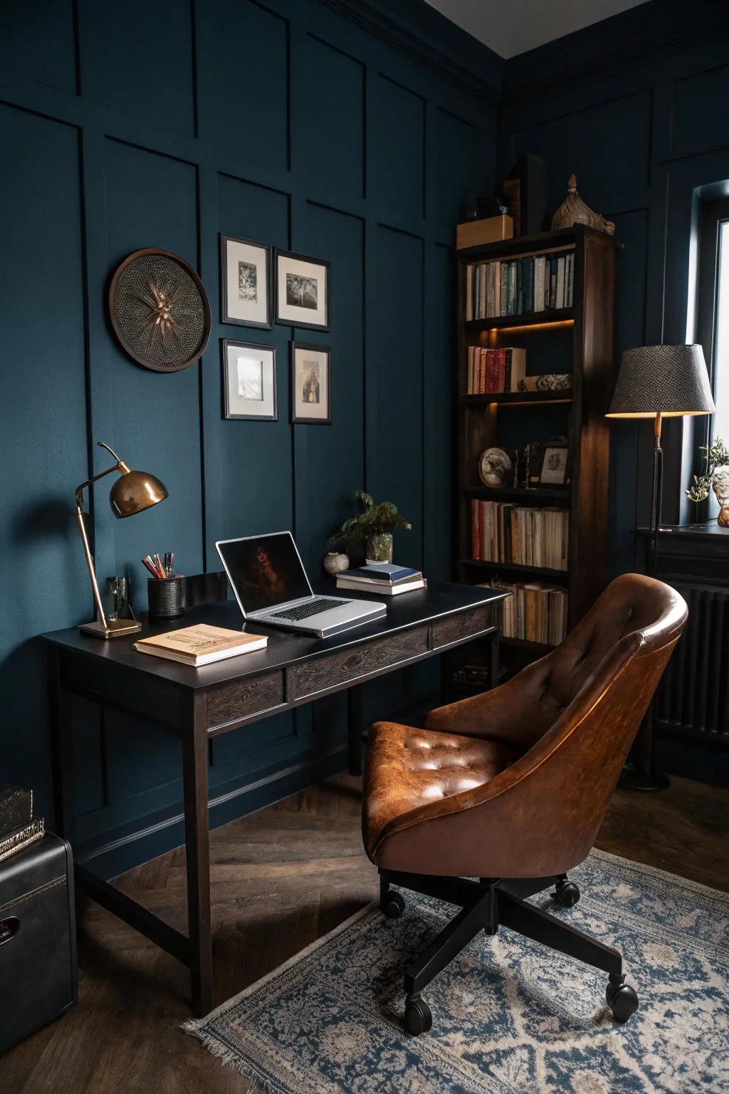 Deep shades introduce richness and sophistication to this men's home office.