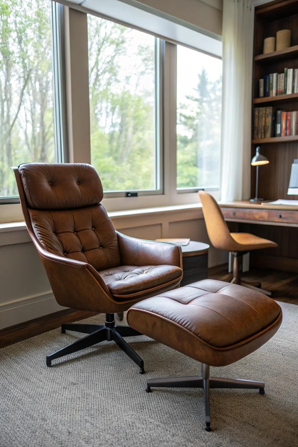 A brown hide chair paired with a matching ottoman for the ultimate in comfort and style.
