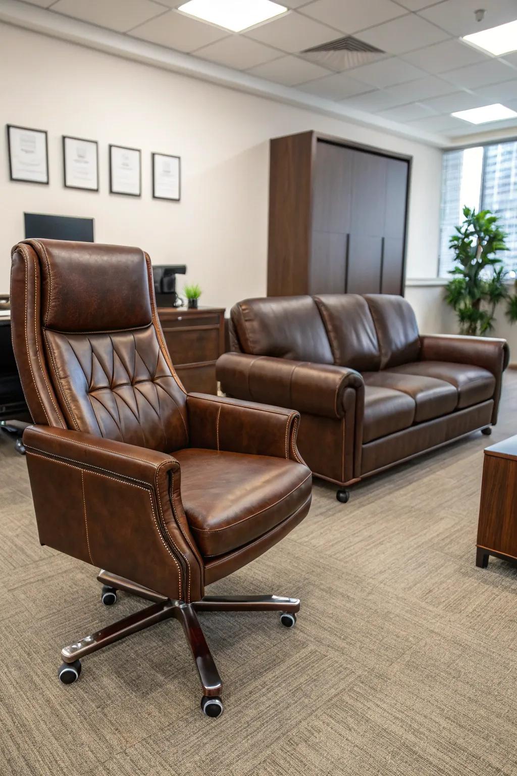 Leather furnishings infuse your workspace with an element of extravagance and comfort.