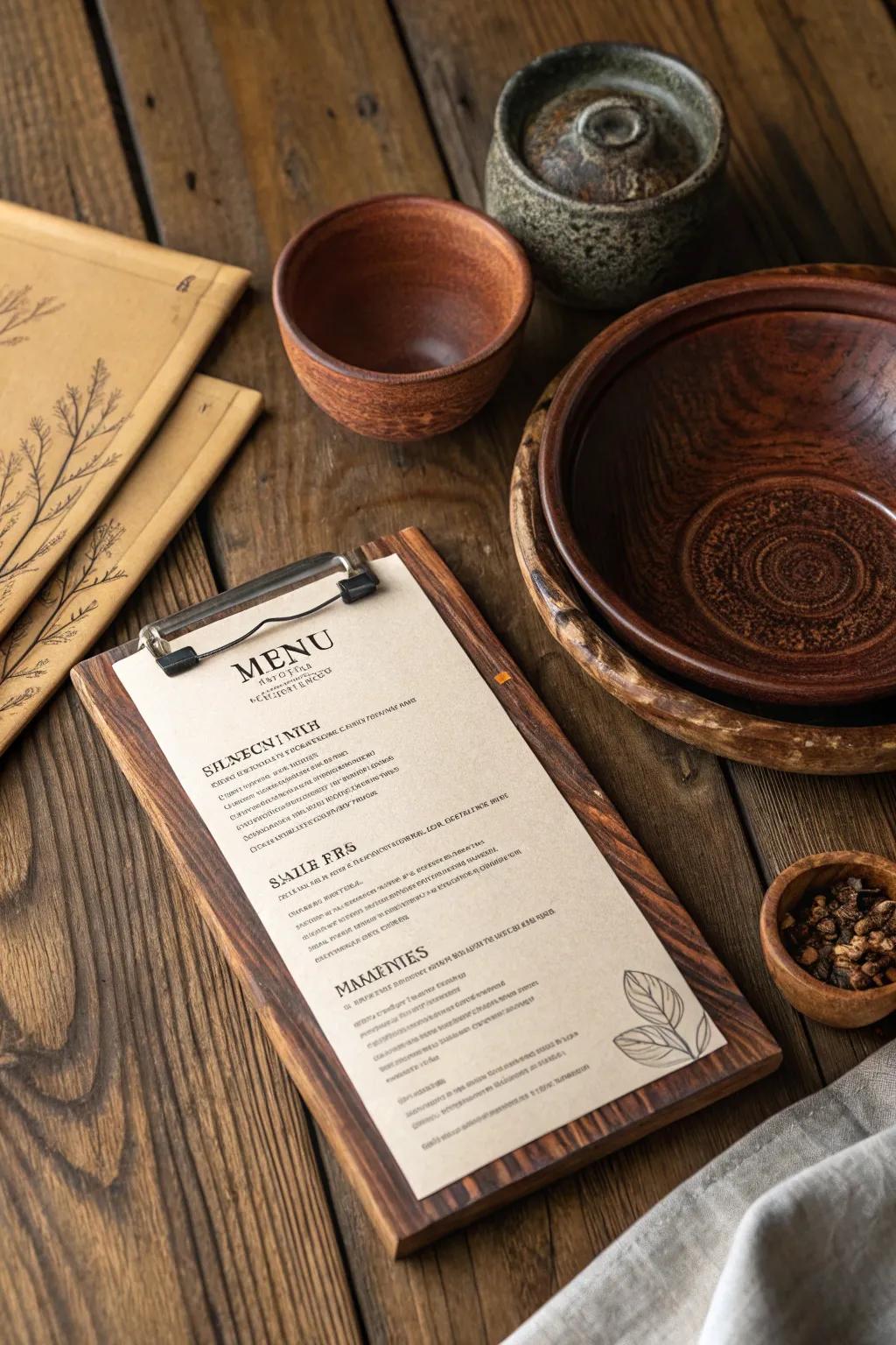 Timber finishes evoke a cozy, countryside ambiance on your menu.