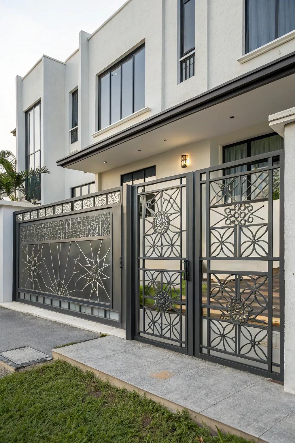 A modern geometric metal gate that flawlessly complements a minimalist theme.